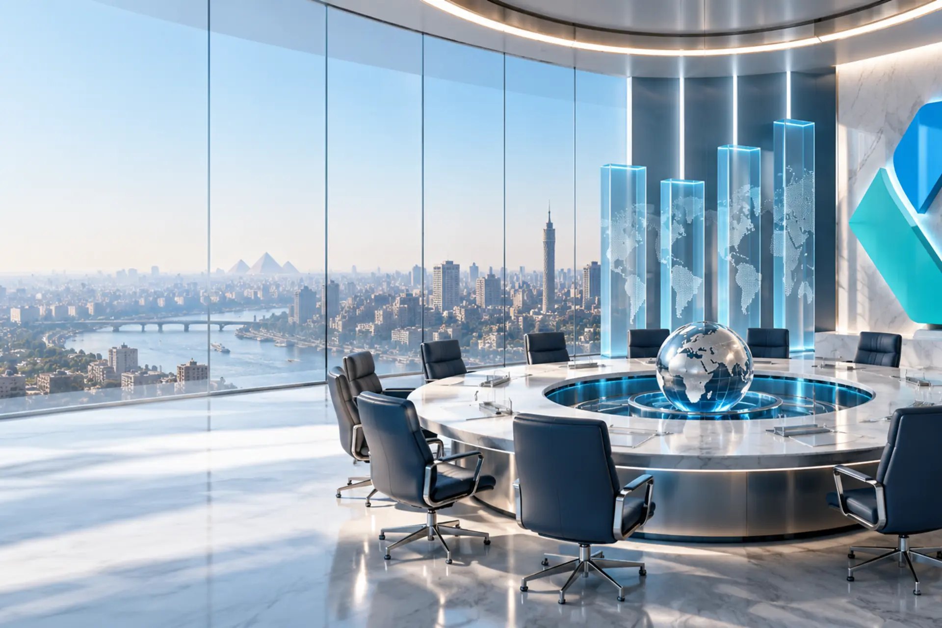 A boardroom in a bright studio, with the Kreston mark on the wall and the Cairo skyline outside