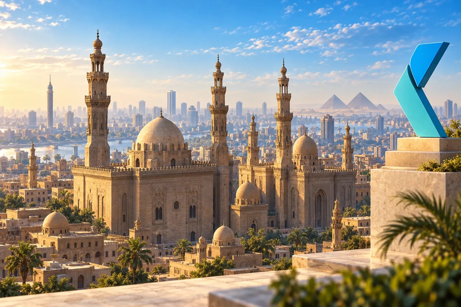 The minarets of historic Cairo with the towers of the modern city on the skyline behind them