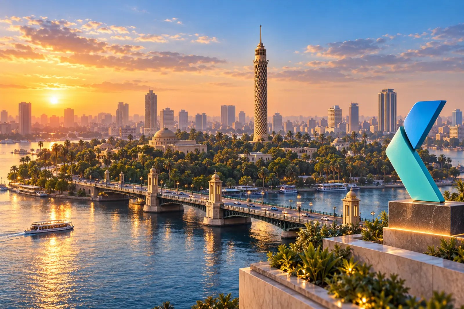 Cairo Tower rising above the Nile at sunset