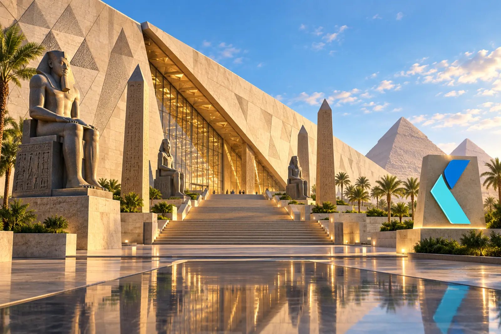 The Grand Egyptian Museum at Giza with the pyramids behind it