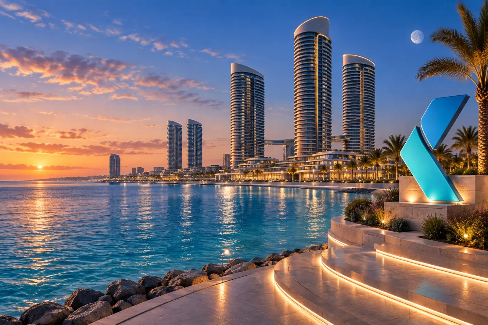The towers of New Alamein on the Mediterranean coast at dusk