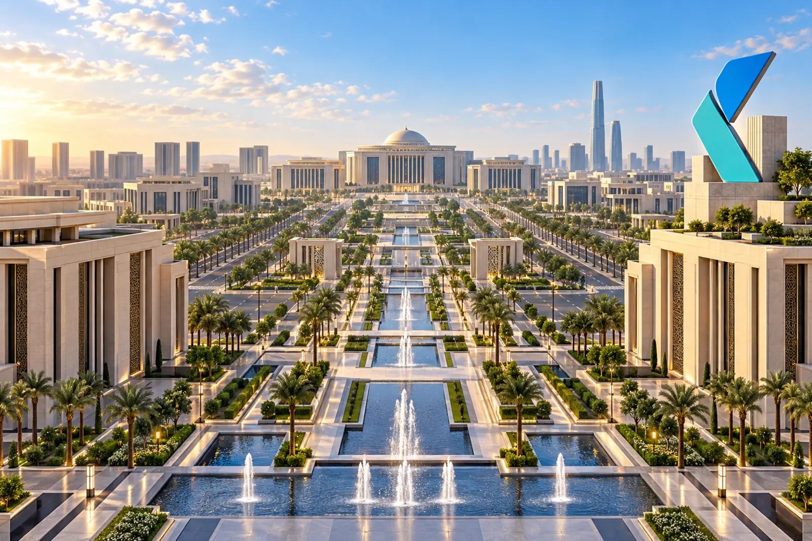 The Government District in the New Administrative Capital, with landscaped gardens and water channels in front of it