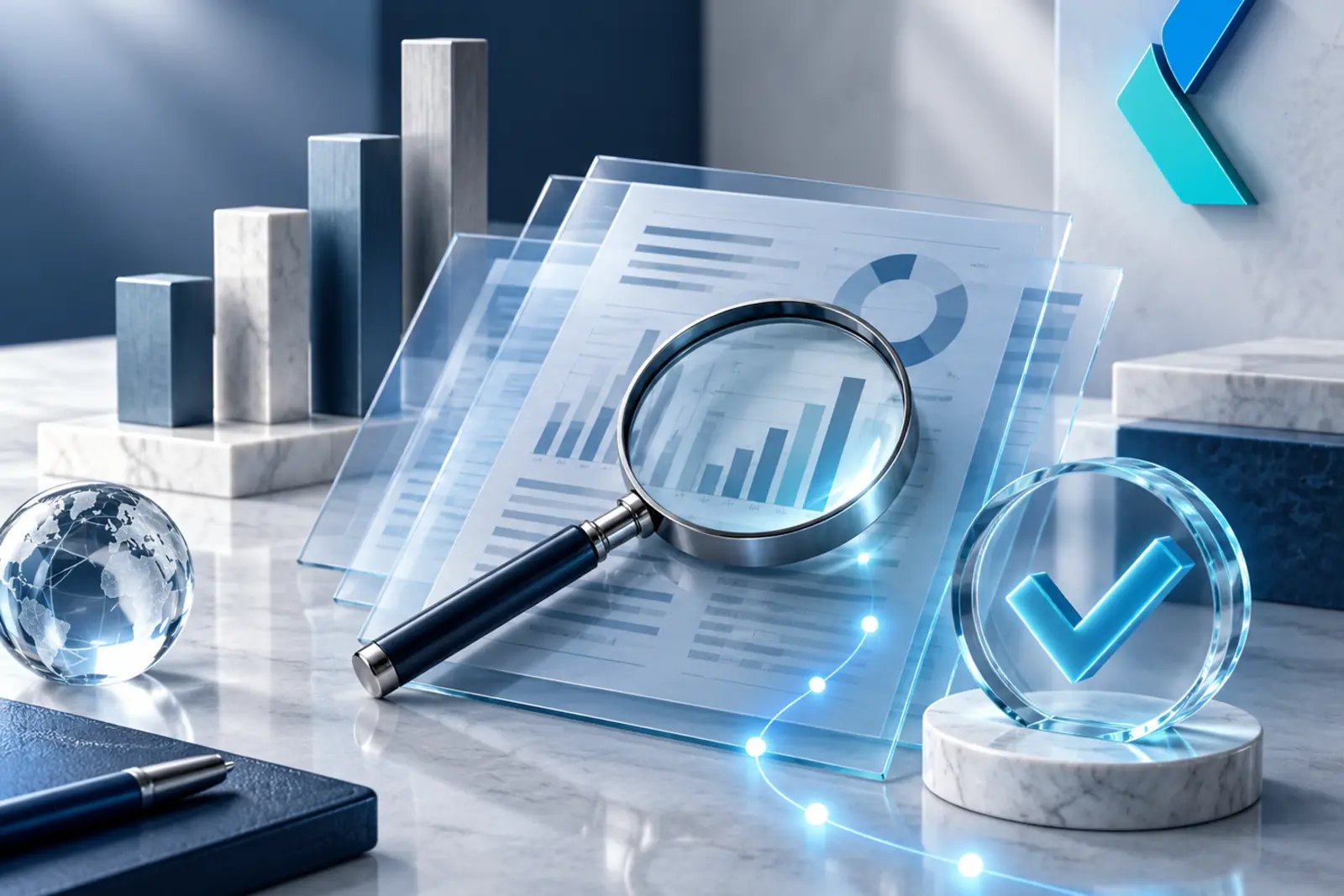 A magnifying glass over financial statements beside the Kreston mark